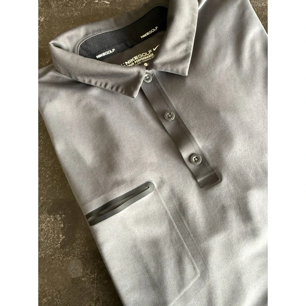 Nike Golf Tour Performance Dri-FIT Polo Shirt Gray Blue Mens Large Zipper Pocket